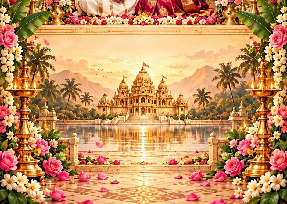 Golden temple and reflecting pool at sunset